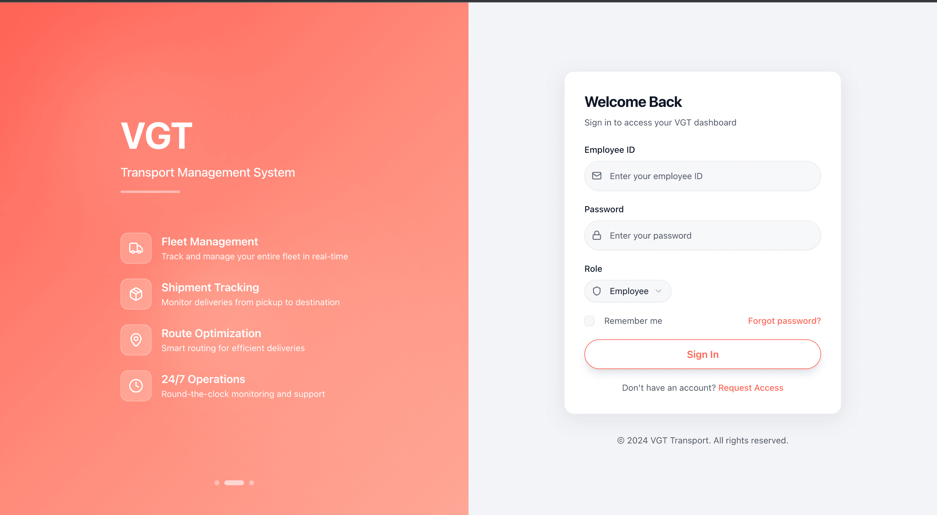 VGT Transport Management System — login and ops dashboard