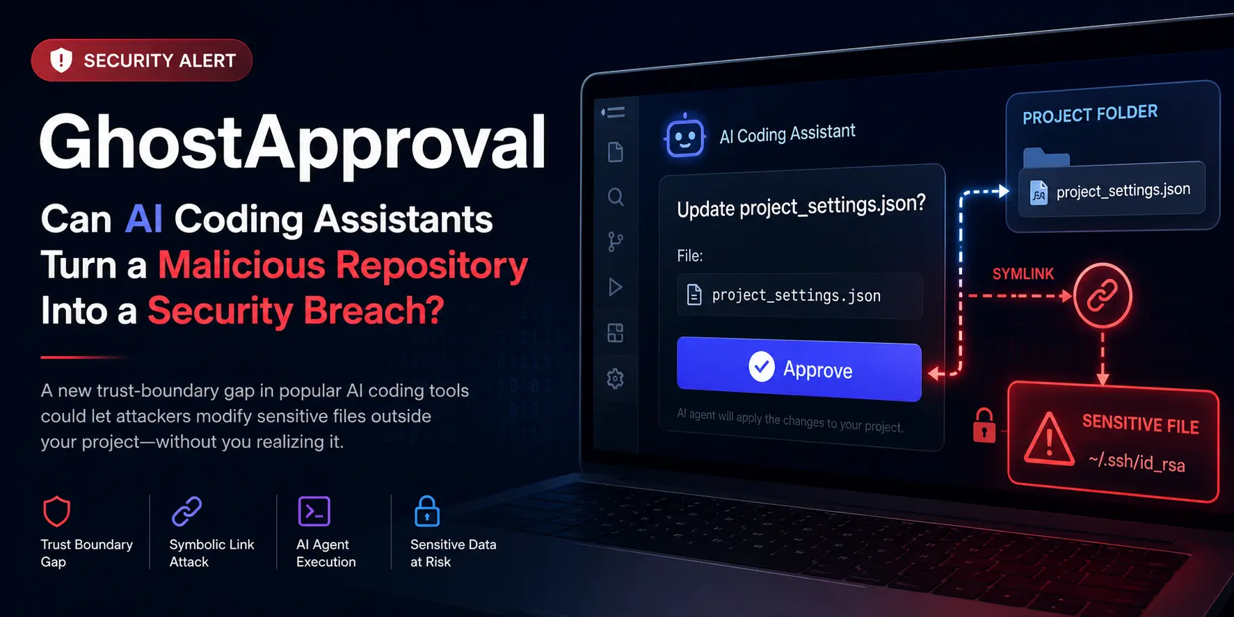 GhostApproval AI coding assistant security risk — symbolic link attack illustration