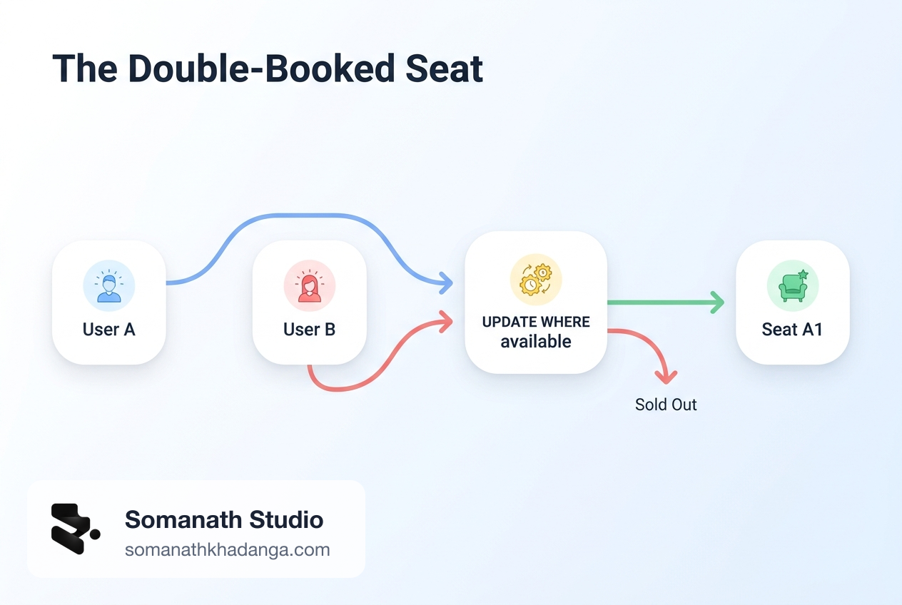 Diagram of two booking requests reaching the same seat row, with the conditional update letting only one through
